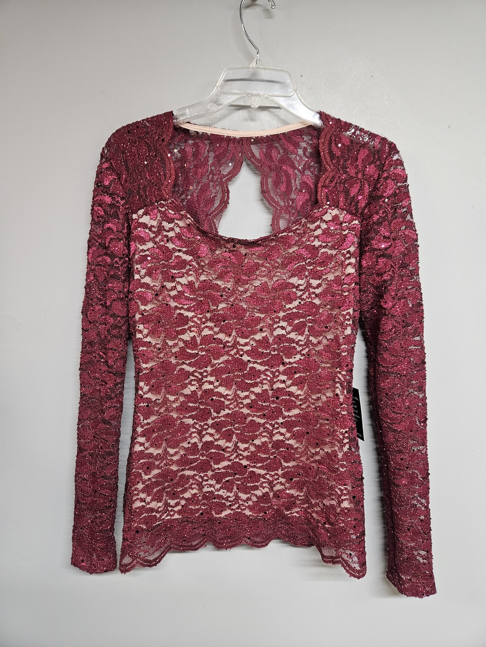 Boston Proper Burgandy Red Lace Long-Sleeve Top with Keyhole Back Women's Small
